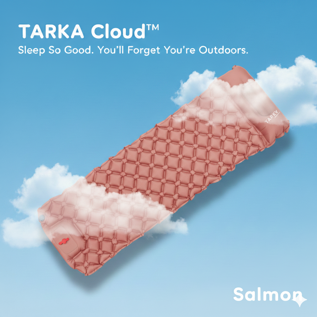 Inflatable sleeping pad with 'TARKA Cloud' branding on a blue background with clouds.