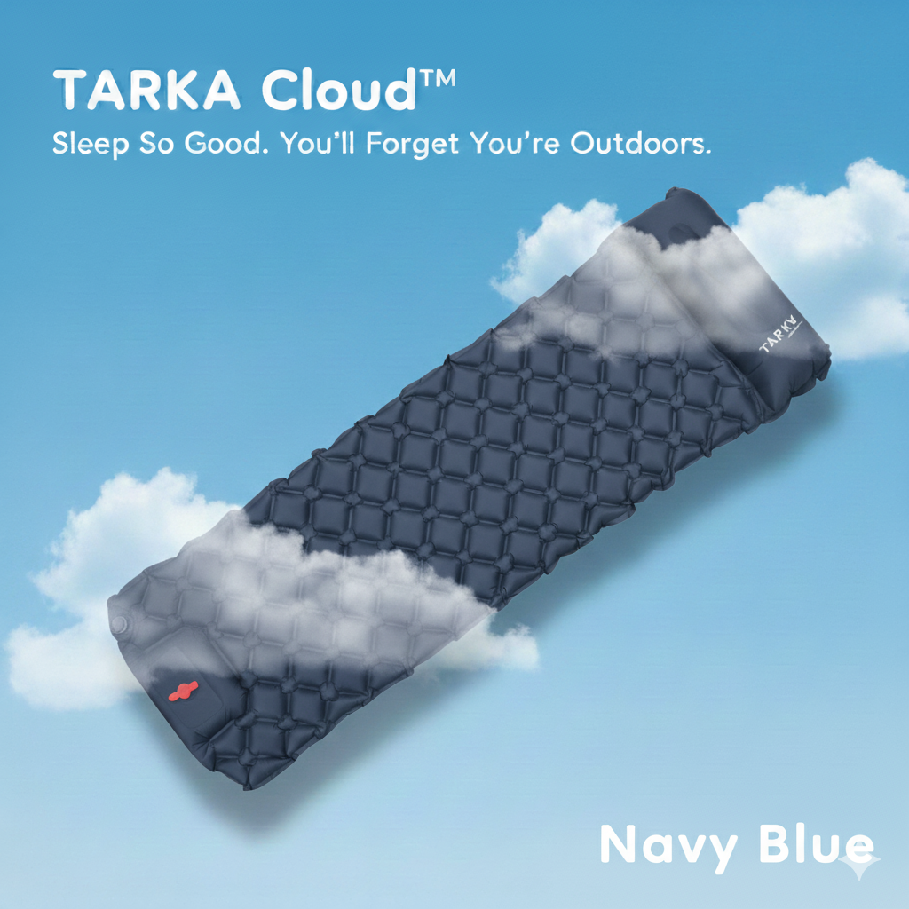 Navy blue inflatable sleeping pad with cloud design on a blue background, featuring TARKA Cloud branding.