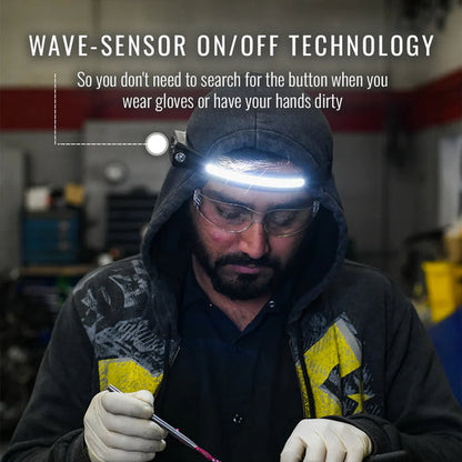 Person wearing a headlamp with text about wave-sensor on/off technology in a workshop setting.