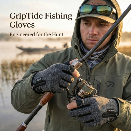 Man fishing with GripTide gloves on, with text 'GripTide Fishing Gloves Engineered for the Hunt.'