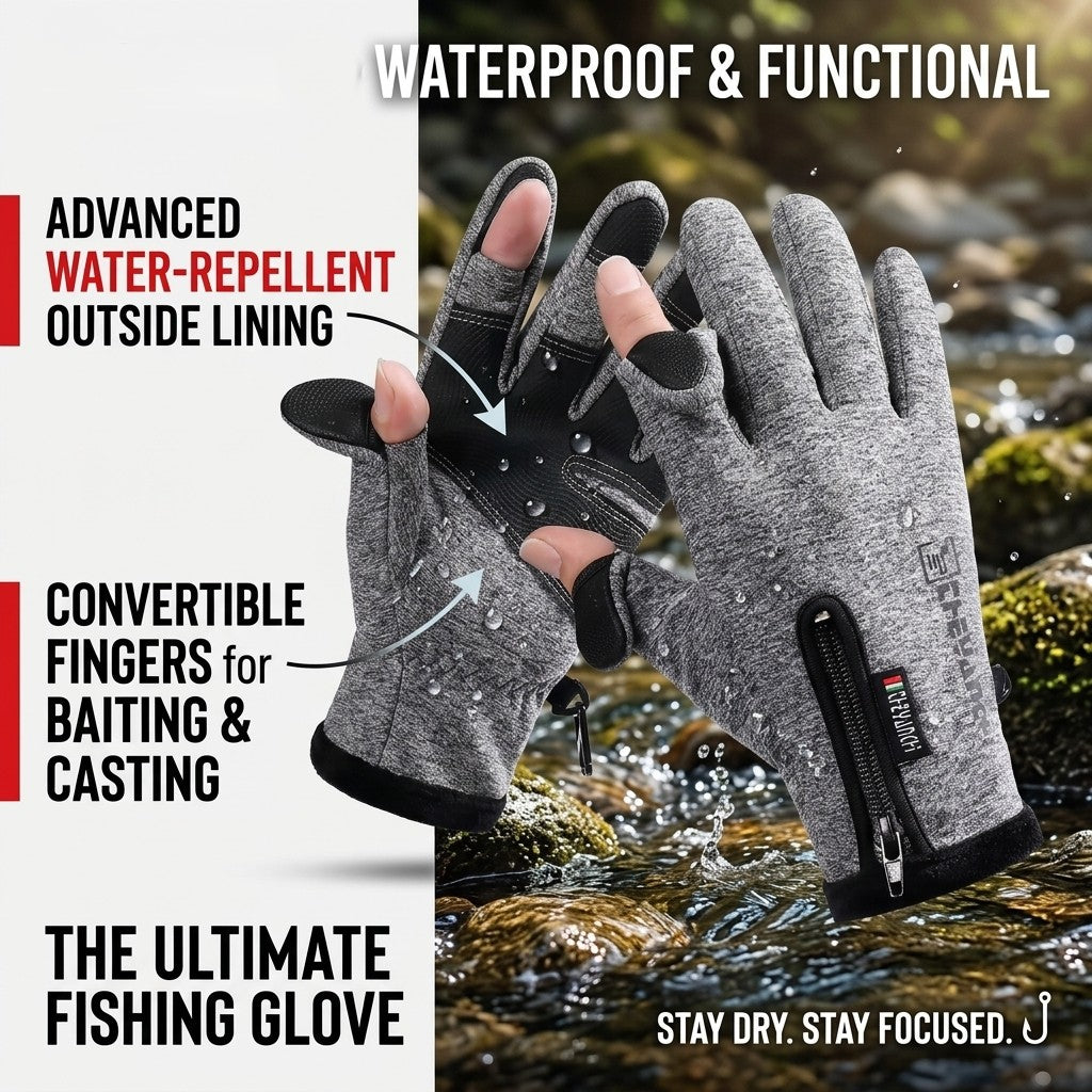 Gray fishing gloves with convertible fingers, water repellent lining, and zipper feature, shown in a natural setting.