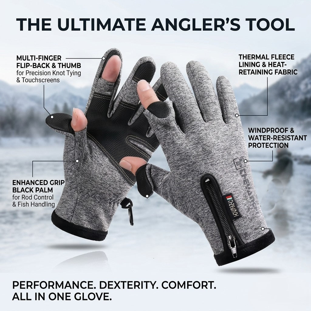 Angler's gloves with features highlighted on a blurred outdoor background
