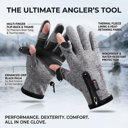 Angler's gloves with features highlighted on a blurred outdoor background