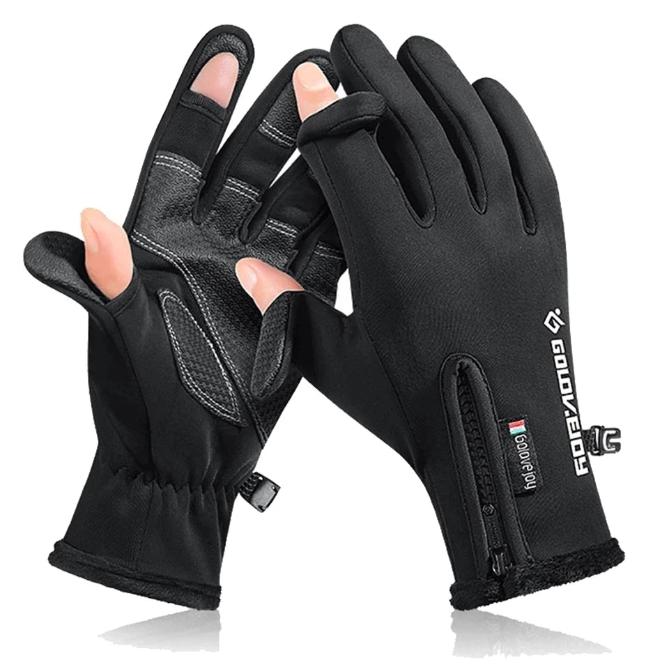 Black touchscreen gloves with brand logo on a white background