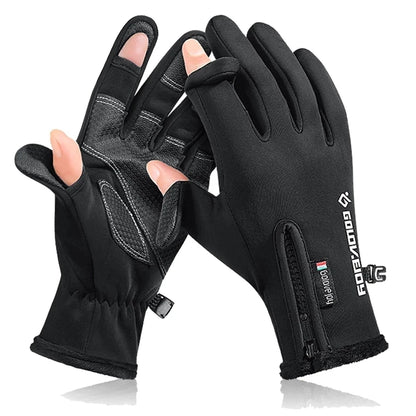 Black touchscreen gloves with brand logo on a white background