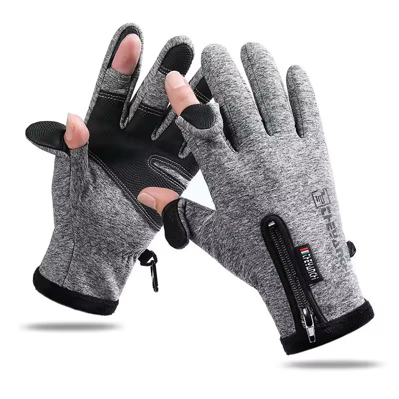 Pair of gray gloves with black accents on a white background