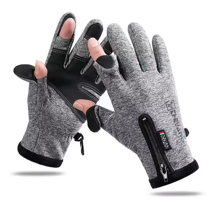 Pair of gray gloves with black accents on a white background